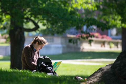 student on the lawn studying on 校园